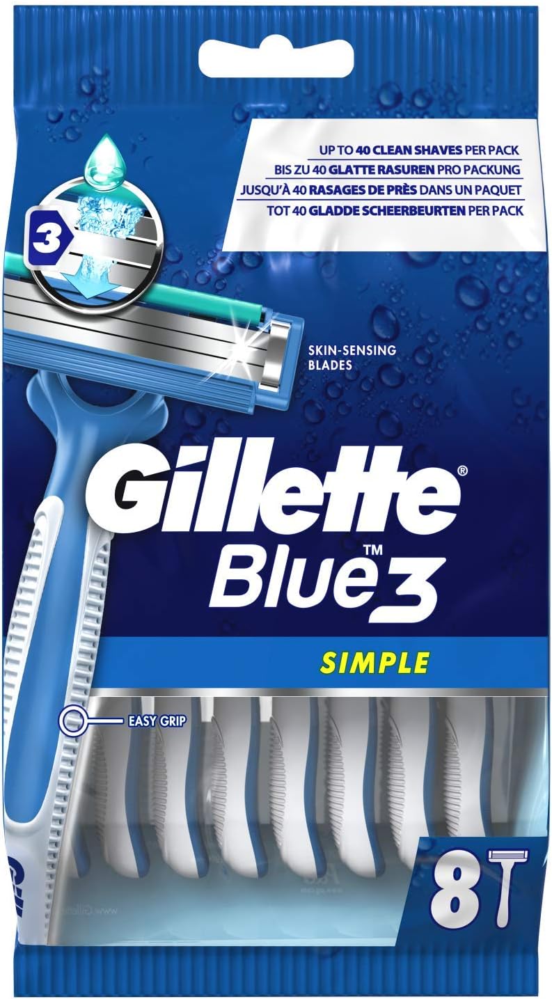 Gillette Blue 3 Simple Einwegrasierer Männer, 8 Rasierer mit 3-fach Klinge, fixierter Klingenkopf, F