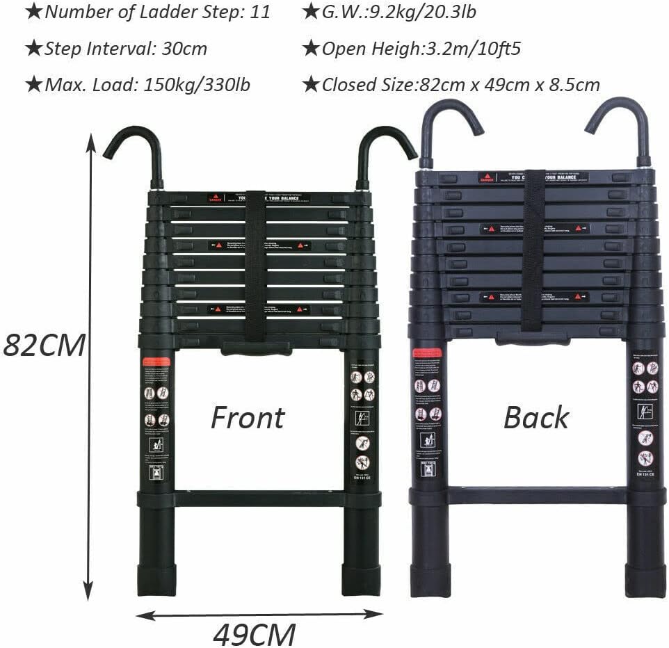 10,5FT Telescopic Ladder Aluminum Extension Ladder with Detachable Hooks Safe & Compact, Collapsible