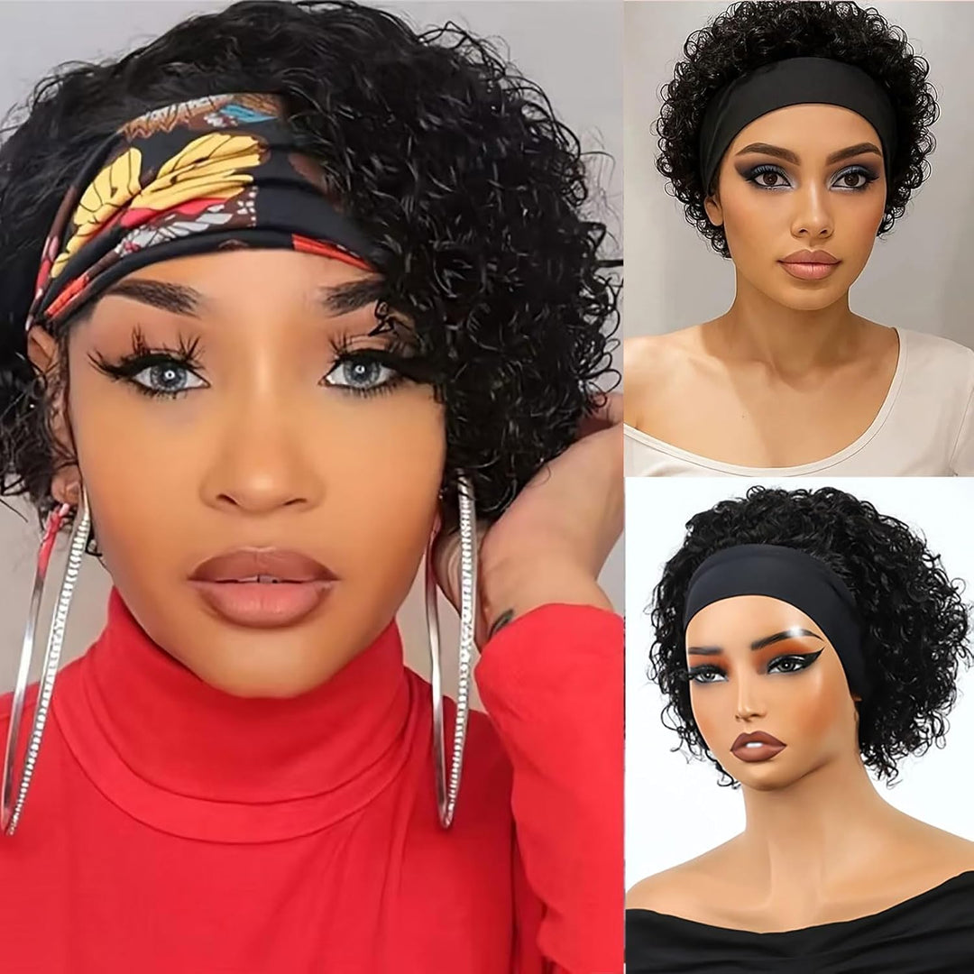 Huarisi Short Curly Pixie Cut Wigs for Women Human Hair Black Headband Bob Wig Glueless None Lace We