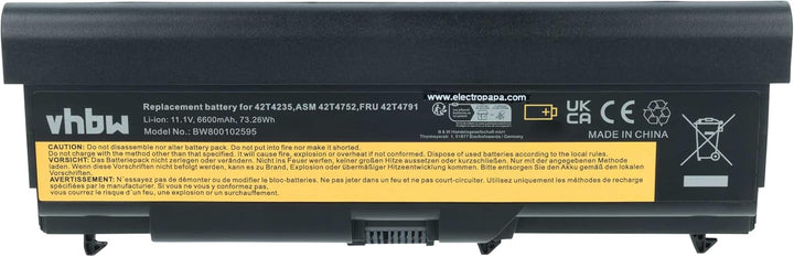 vhbw Akku kompatibel mit Lenovo ThinkPad W510, W510 4389, W520 Notebook (6600mAh, 10,8V, Li-Ion)