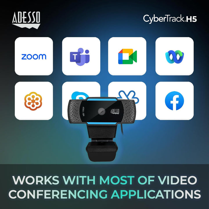 Adesso CyberTrack H5 Webcam HD 1080P - Autofokus-Webcam - eingebautes Doppelmikrofon - Stativhalteru