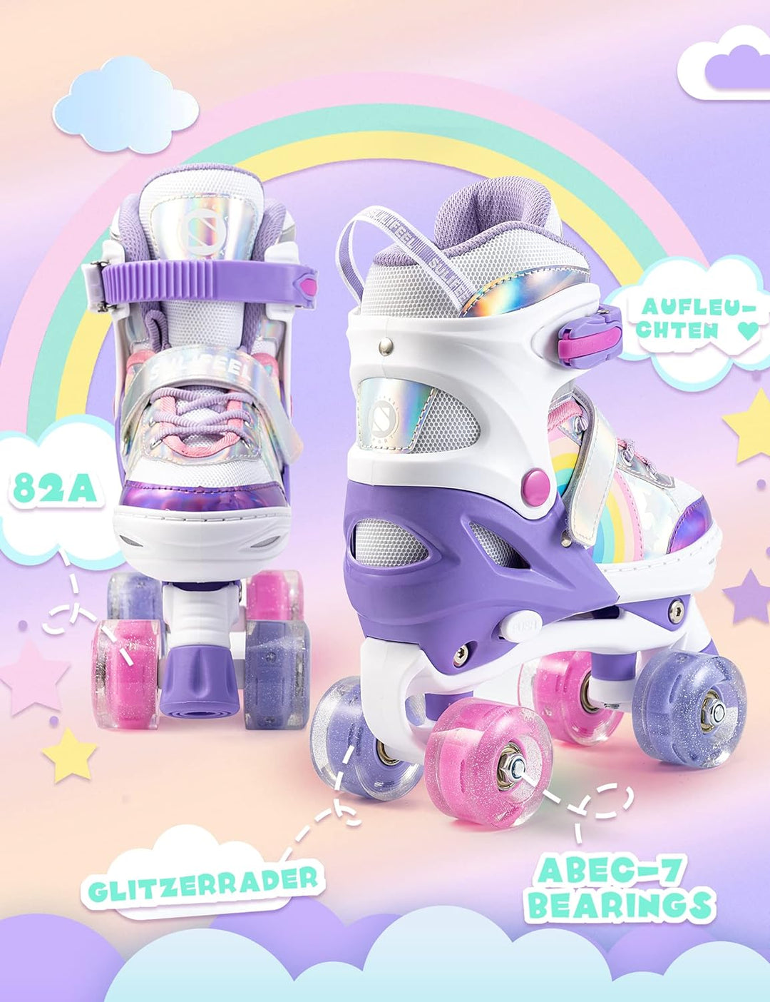 SULIFEEL Rainbow Unicorn Verstellbare Rollschuhe für Kinder mit Leuchtenden Rädern für Mädchen und J