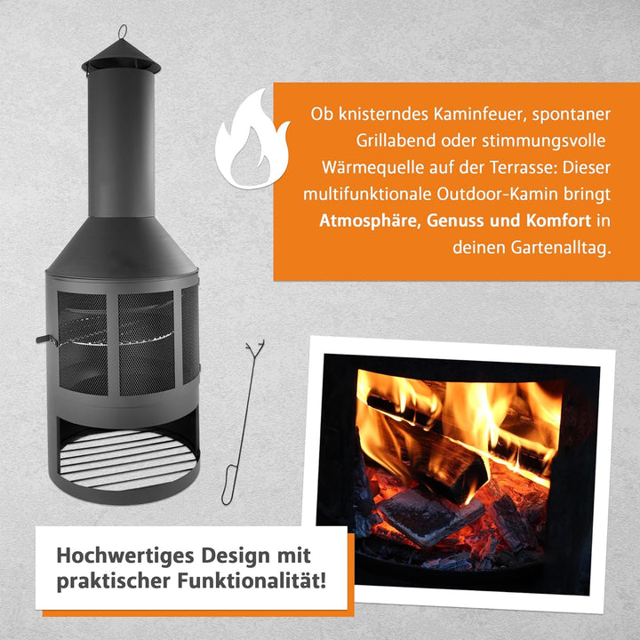 Lemodo Gartenkamin mit Grillrost und Pfanne, Outdoor-Kamin 136cm mit Funkenschutztür, Grillkamin für