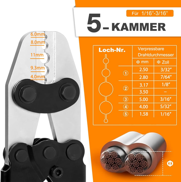 KF CPTEC Drahtseil Crimpzange 1/16"–3/16" (1,58–5,0 mm) – Hülsen Presszange/Quetschzange für Alumini