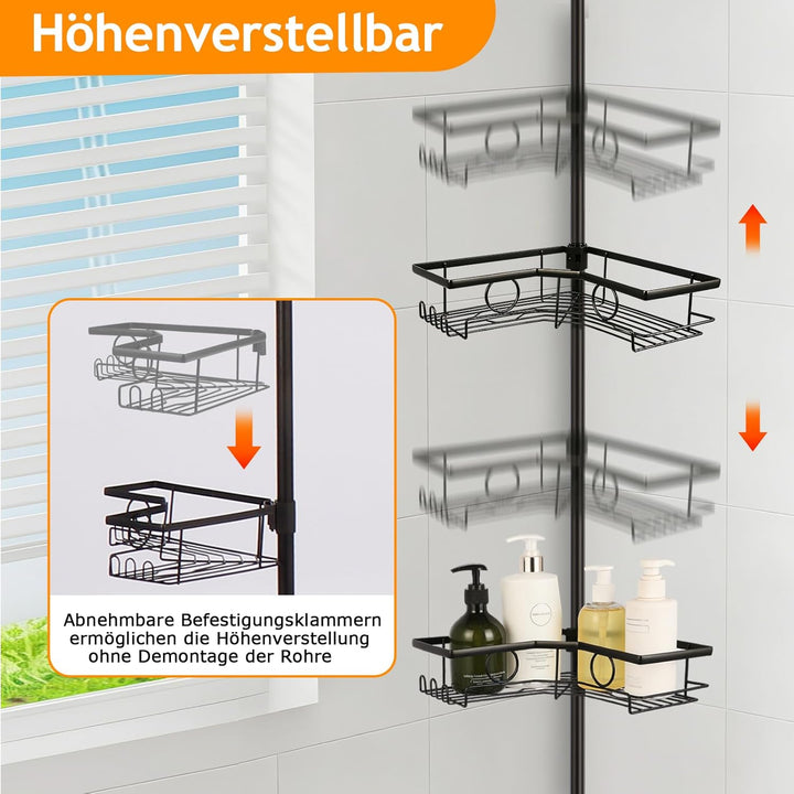 Duschregal Teleskop ohne Bohren, Teleskop Duschregal – Bathroom Organizer mit 4 Ablagen & Haken, 77.