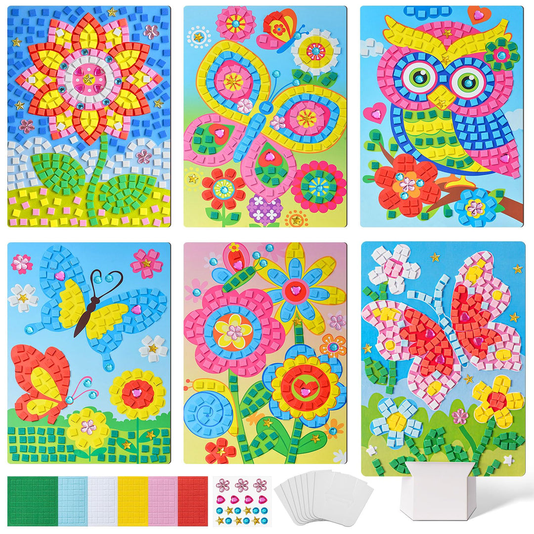 Tenare 6 Stück Frühling Mosaik Bastelset für Kinder Mosaik Aufkleber Set Mosaik Klebebilder für Mädc