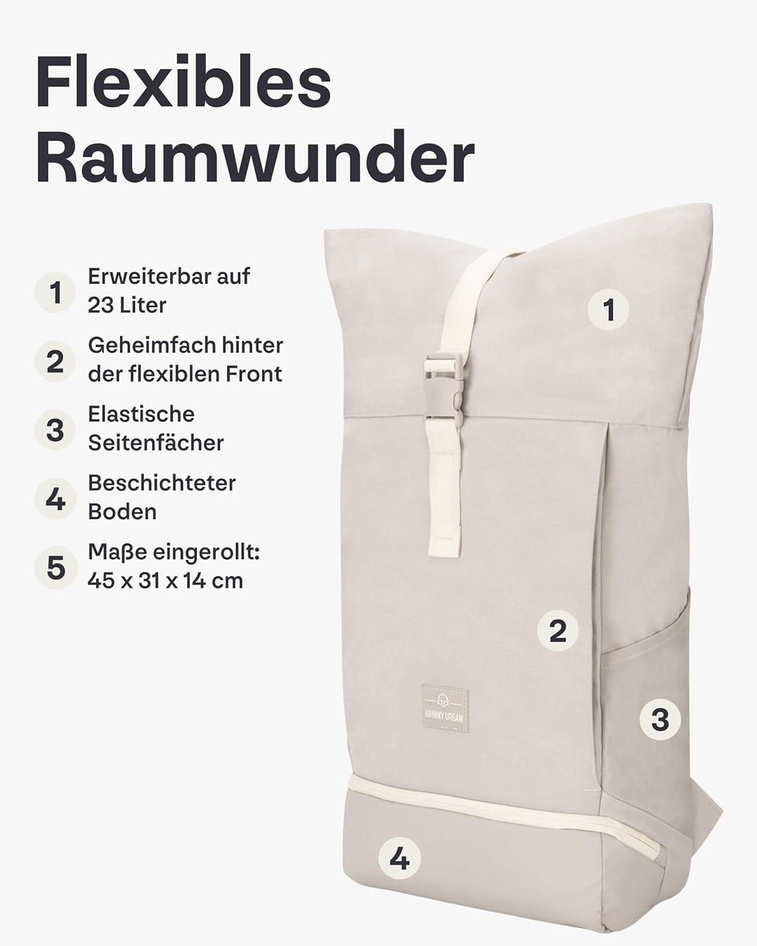 Johnny Urban Rolltop Rucksack Damen &amp; Herren Gross Grau - Allen Large - Laptop Backpack für Uni, Bus