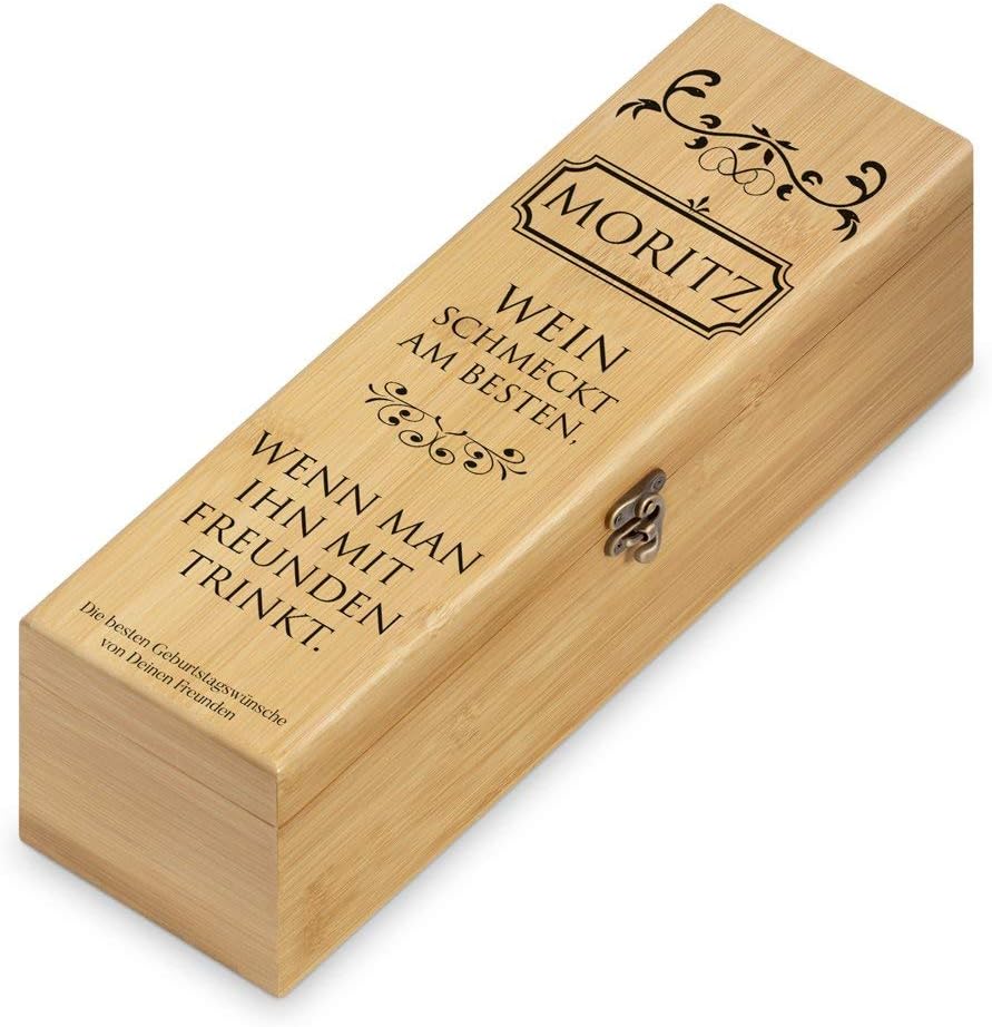 Maverton Wein Geschenkbox für 0,7L Weinflasche + Aufdruck + 4er Weinzubehör - Weinset aus Bambus - 3