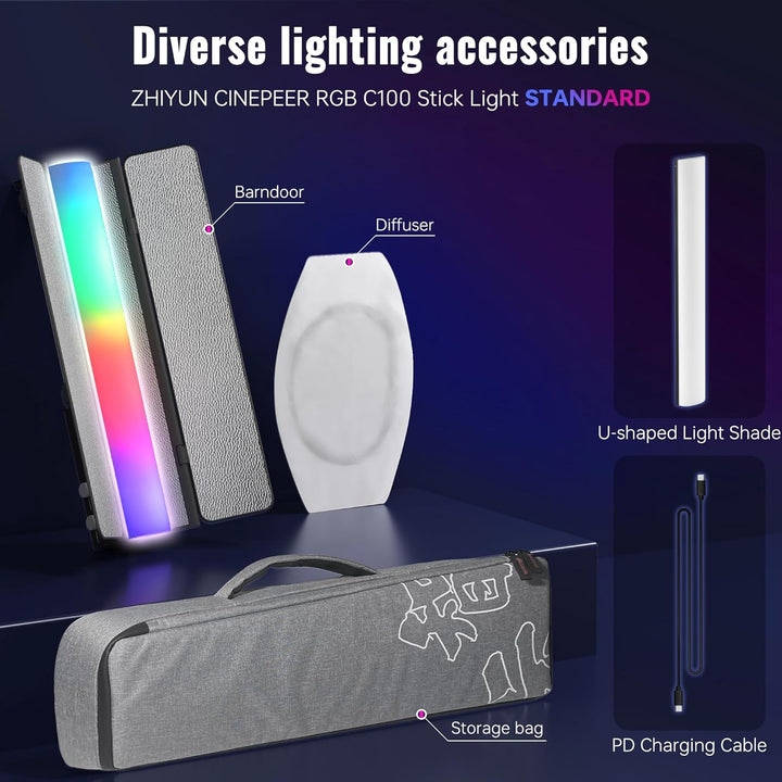 ZHIYUN CINEPEER C100 100W RGB Lichtstab, APP-Steuerung Videoleuchte Handgehalten 2700K-6500K CRI 95+