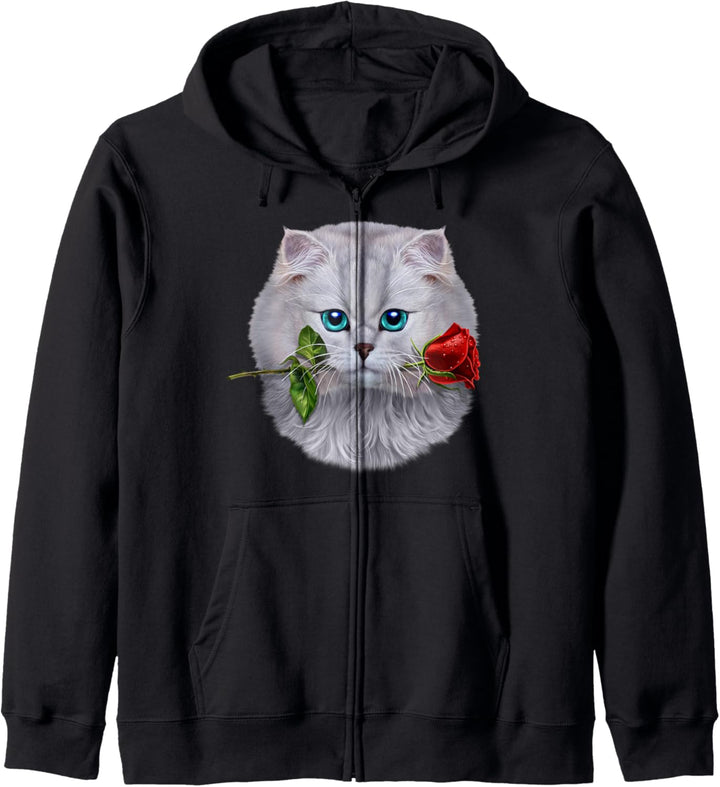 Romantische weisse Katze, die auf einer Rosenblume beisst Kapuzenjacke