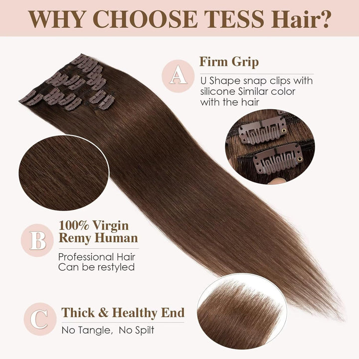 TESS Clip in Extensions Echthaar Braun, Echthaar Extensions Clip 8pcs 25 cm (50 g) Hair Extensions C