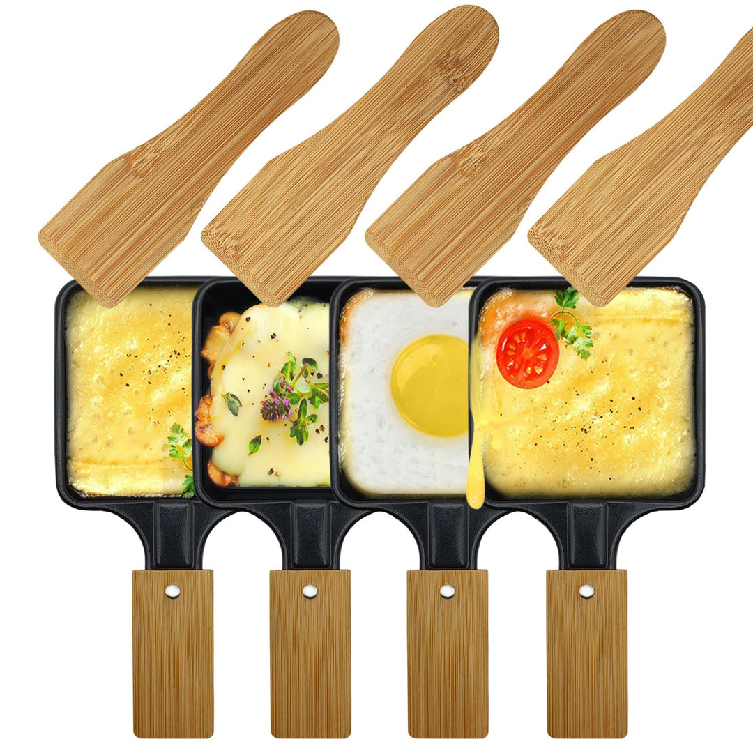 4er Set Quadratische Raclette Pfännchen mit Bambusgriff, 4 Bambusspatel, Antihaft Eisenpfannen, Mini