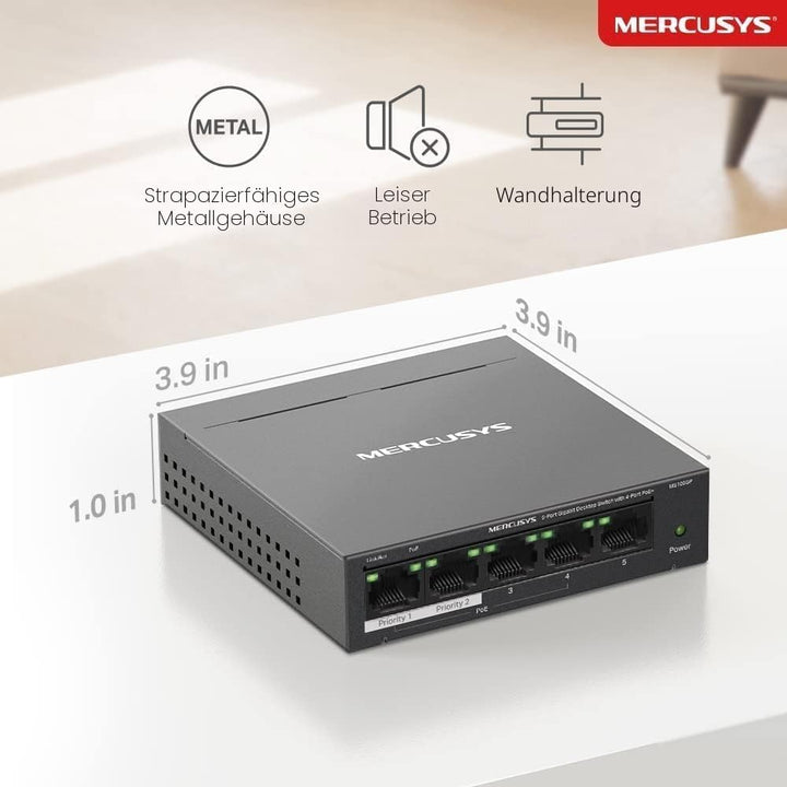 Mercusys MS105GP PoE Switch 5-Port Gigabit LAN Switch mit 4 PoE+ Ports (65 Watt, IEEE-802.3af/at PoE