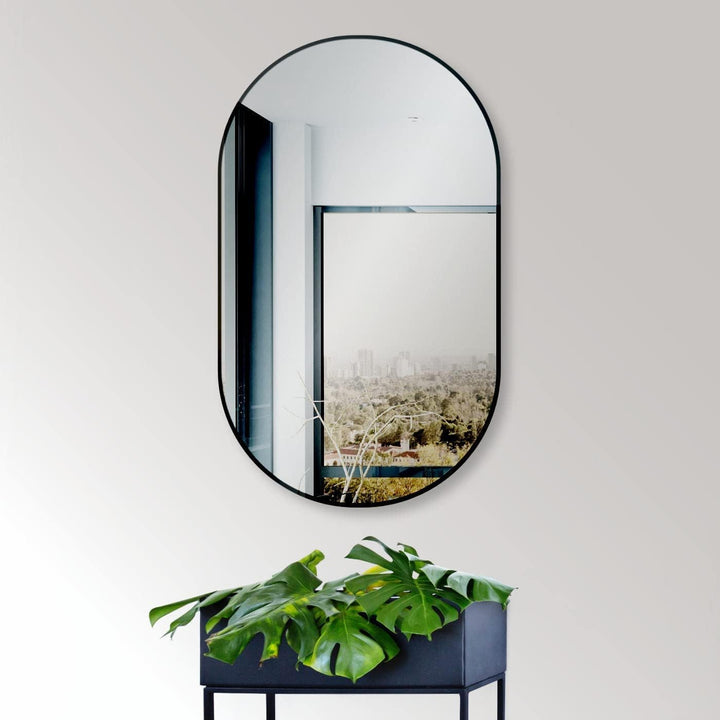 HOKO® Design Wandspiegel oval 60 x 100 cm mit Metall Rahmen Matt Schwarz. HOCH und QUER Montage mögl