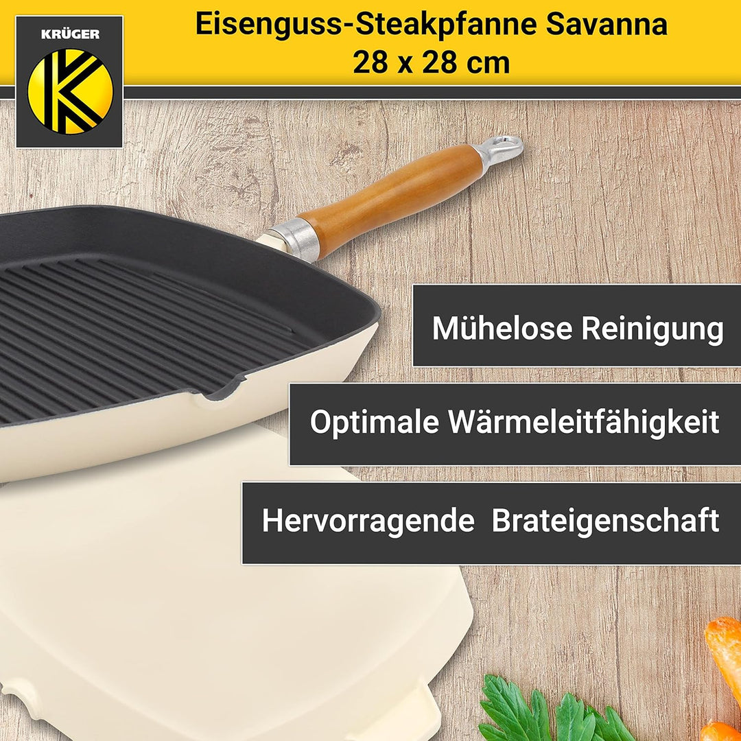 KRÜGER Gusseisen-Grillpfanne mit Holzgriff - 28 x 28 cm - emailliert - hohe Hitzebeständigkeit und l