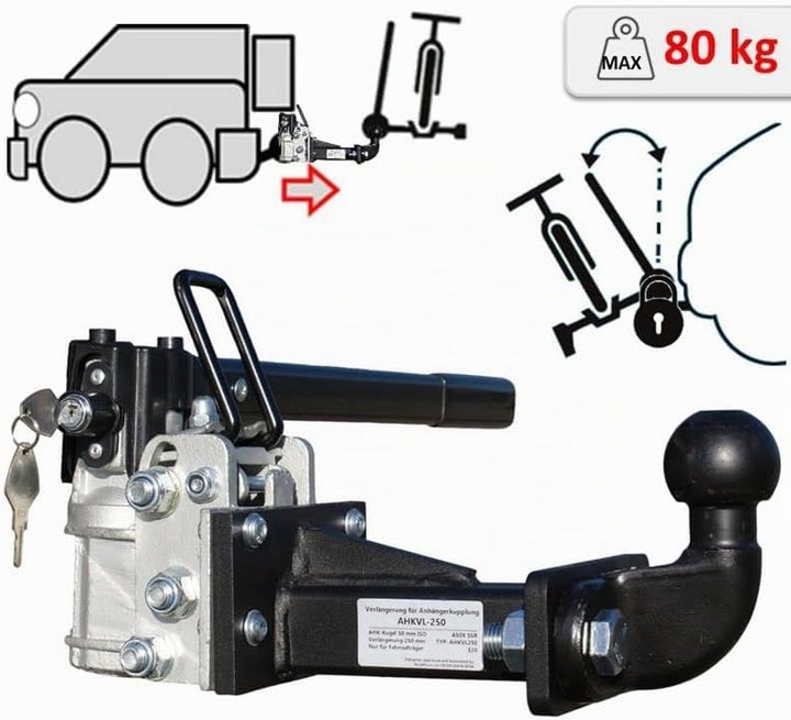 Abklappbare und abschliessbare Hakenverlängerung 250 mm für Fahrradträger inkl. Steckkupplung für je