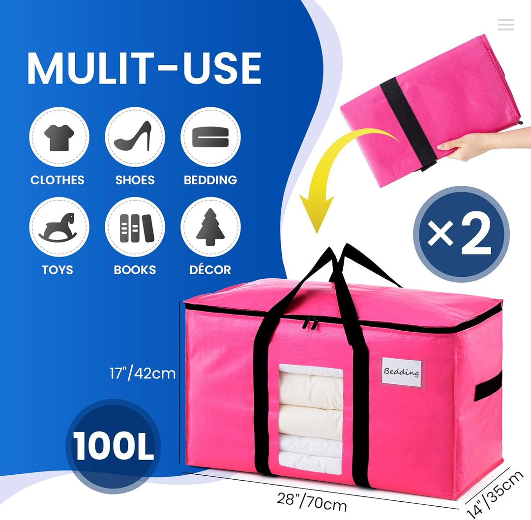 TAILI Umzugstasche mit Reissverschluss, 2 PCS Rosa Grosse Aufbewahrungstasche mit Griffe & Deckel Si