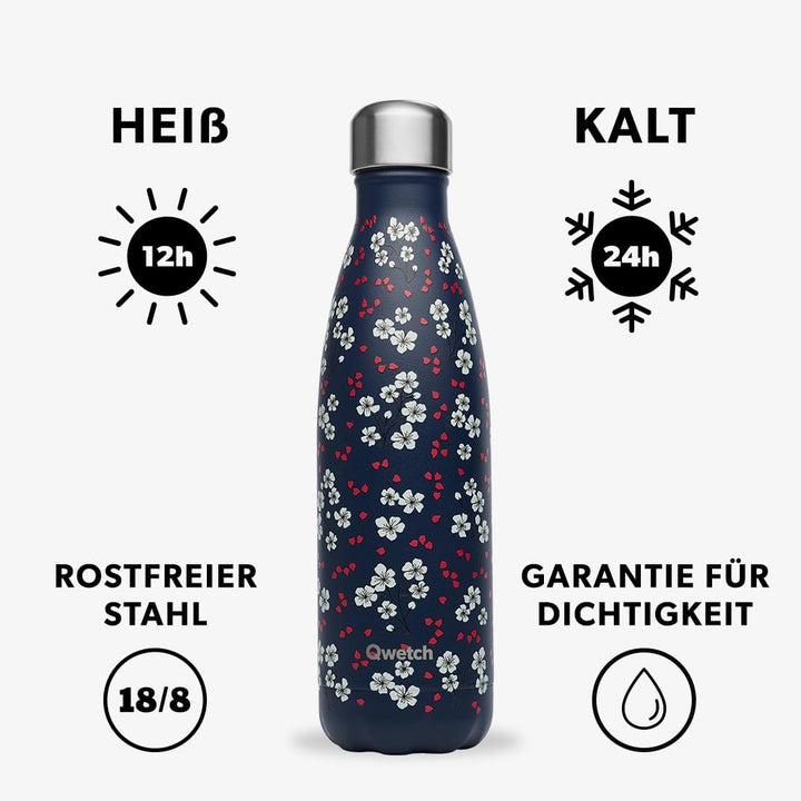 QWETCH - Isothermische Originals Flasche - Hanami Blau 500ml - Nomadische Edelstahlflasche - 24h Kal