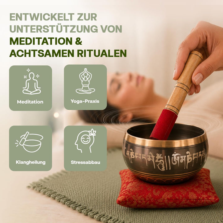 Premium-Set mit tibetischen Klangschalen – Handgefertigte Klang- & Meditationsschale aus Nepal – Spi
