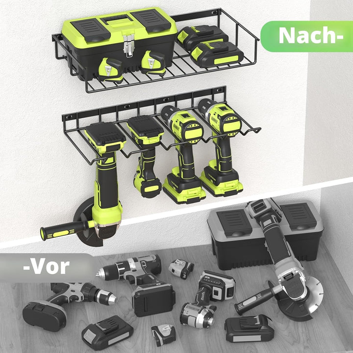 2-stöckiger Elektrowerkzeug-Organizer, Aufbewahrungsregal, Wandhalterung, Bohrerhalter für 4 Bohrmas