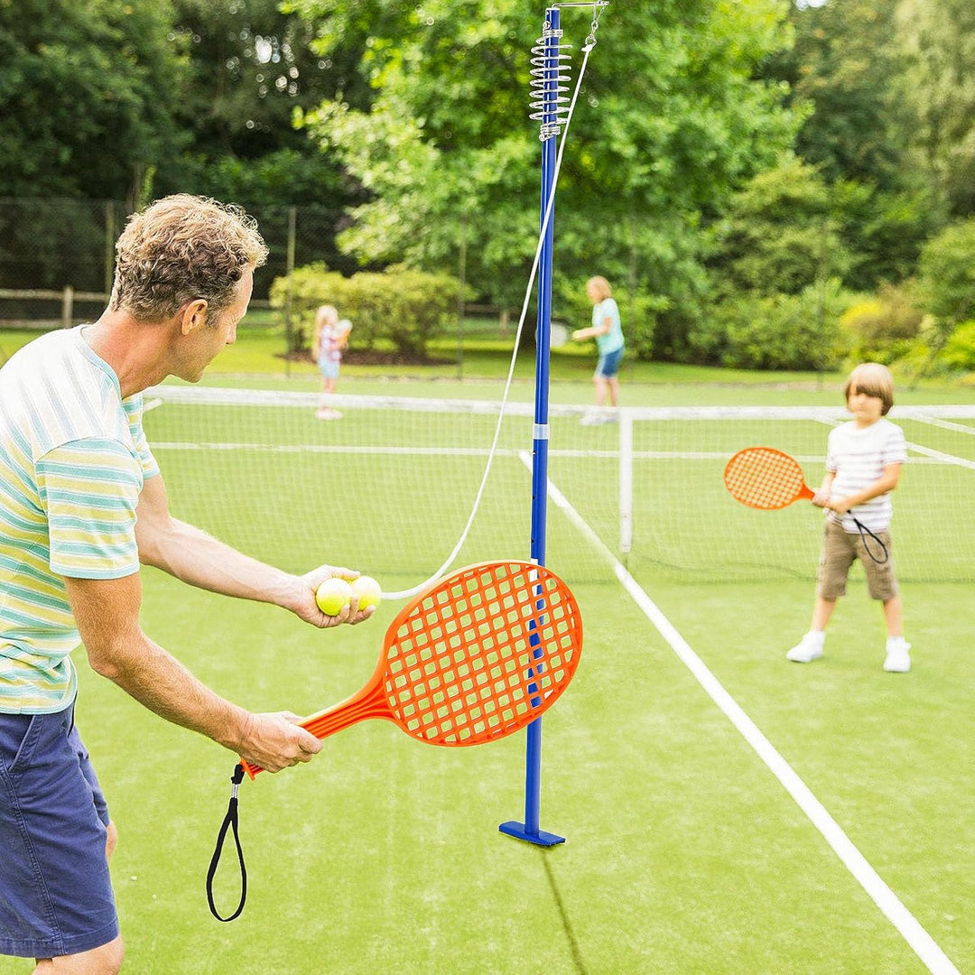 GYMAX Tetherball Set, 3-stufig höhenverstellbares Twistball Set, inkl. 1 Tennisball & 2 Schlägern &