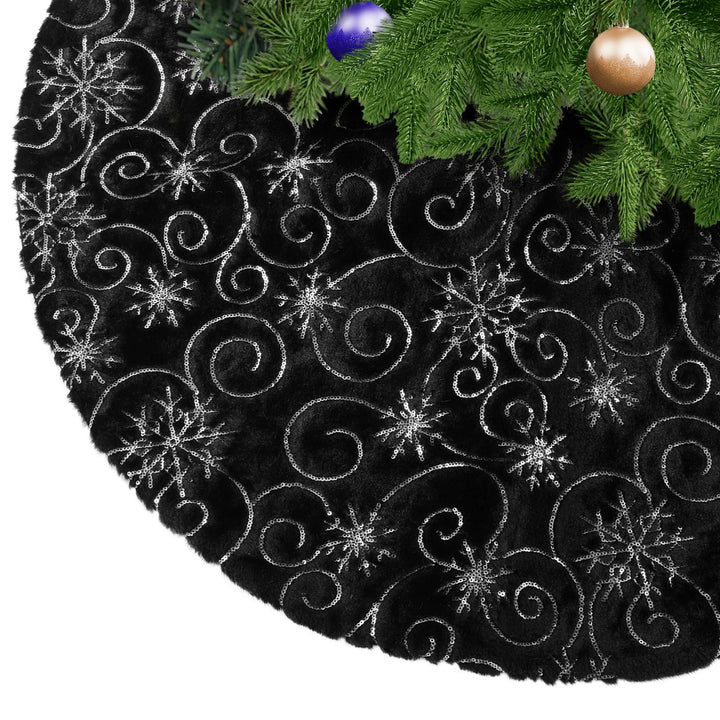 KONVINIT Weihnachtsbaumdecke Rund Schwarz Weihnachtsbaumteppich mit Schneeflocke Weihnachtsbaum Rock