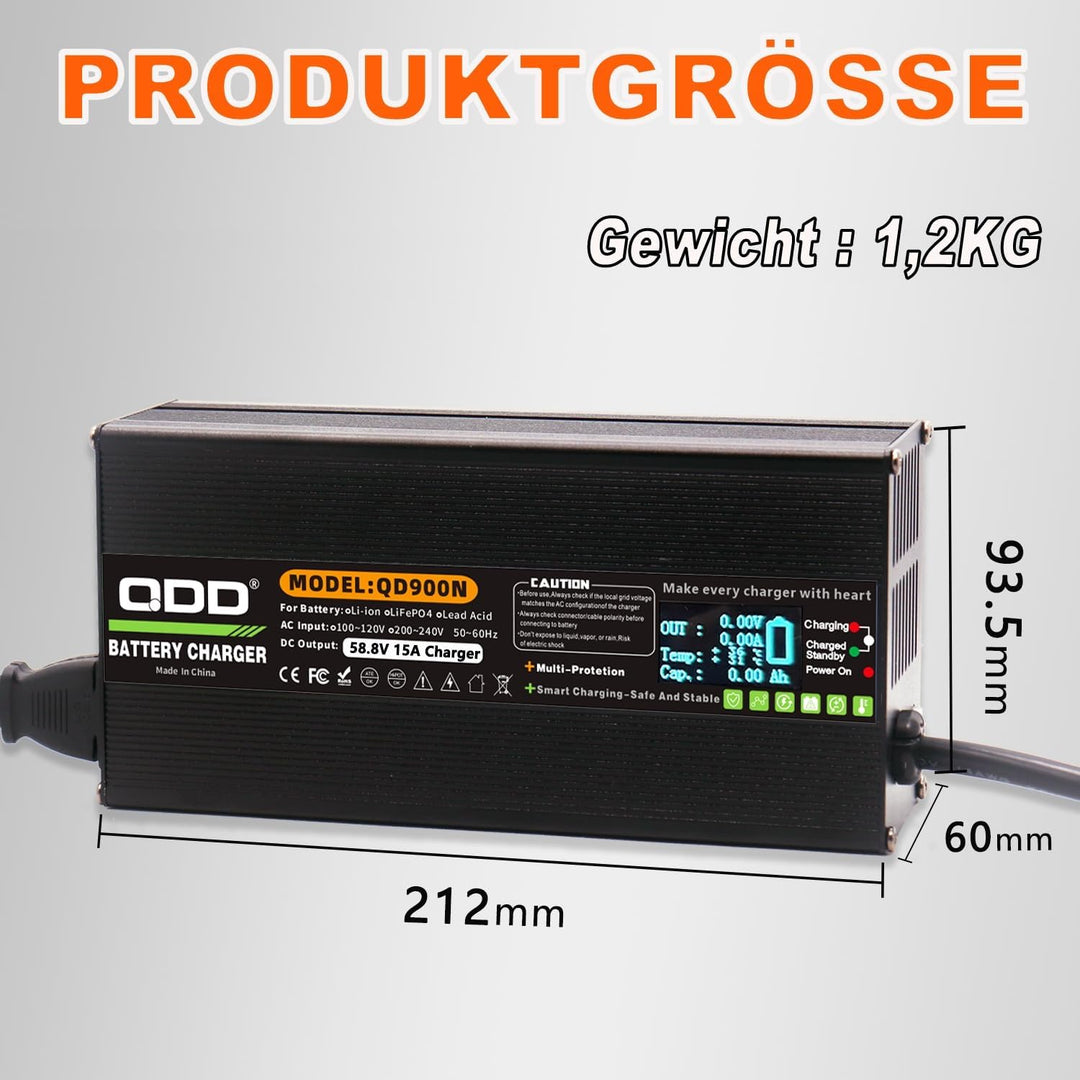 QDD 58,8 V 15 A Li-Ionen-Akkuladegerät mit OLED-Display, DC XT60-Stecker, verwendet für 14S 52 V Lit