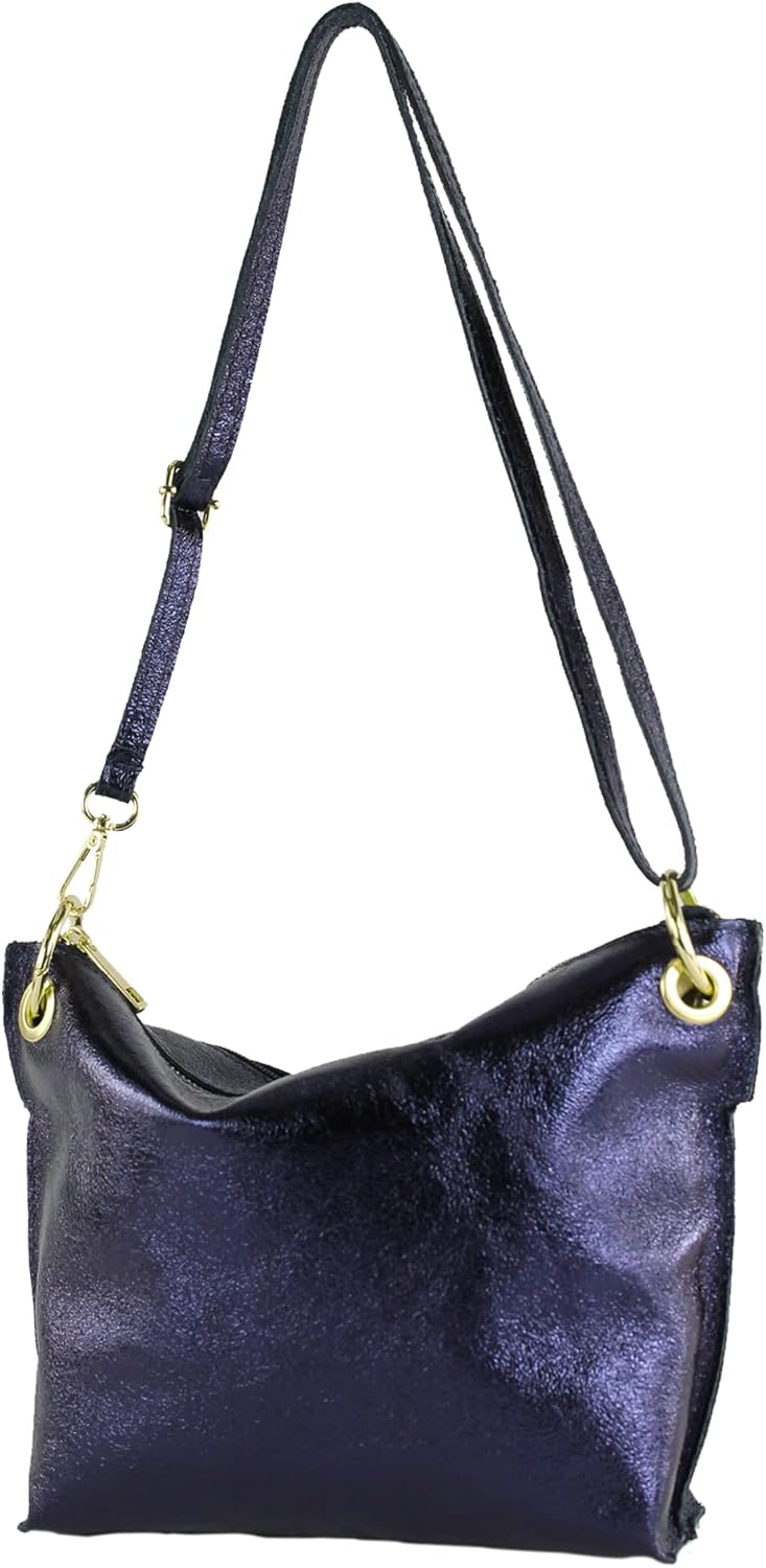 modamoda de T243 Damen Leder Umhängetasche Schultertasche handmade in Italy Blauviolett-metallic, Bl