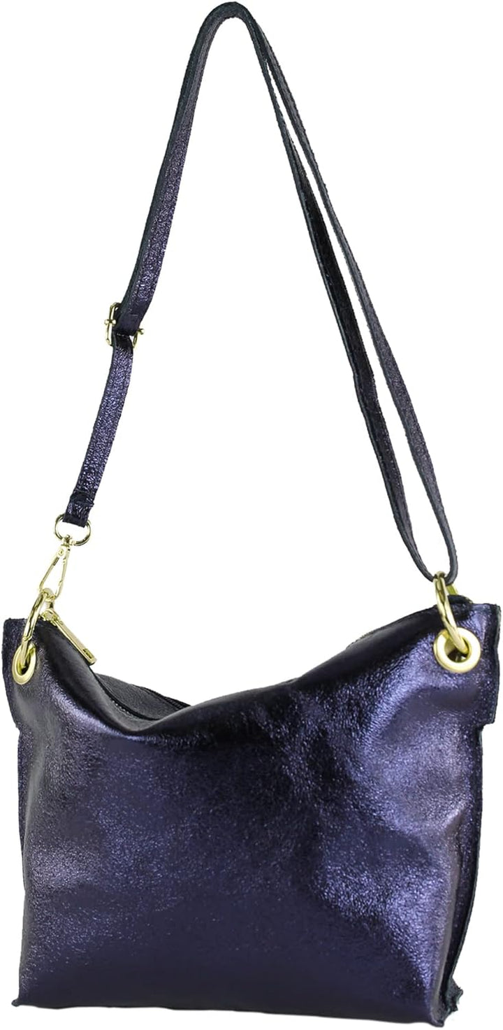 modamoda de T243 Damen Leder Umhängetasche Schultertasche handmade in Italy Blauviolett-metallic, Bl