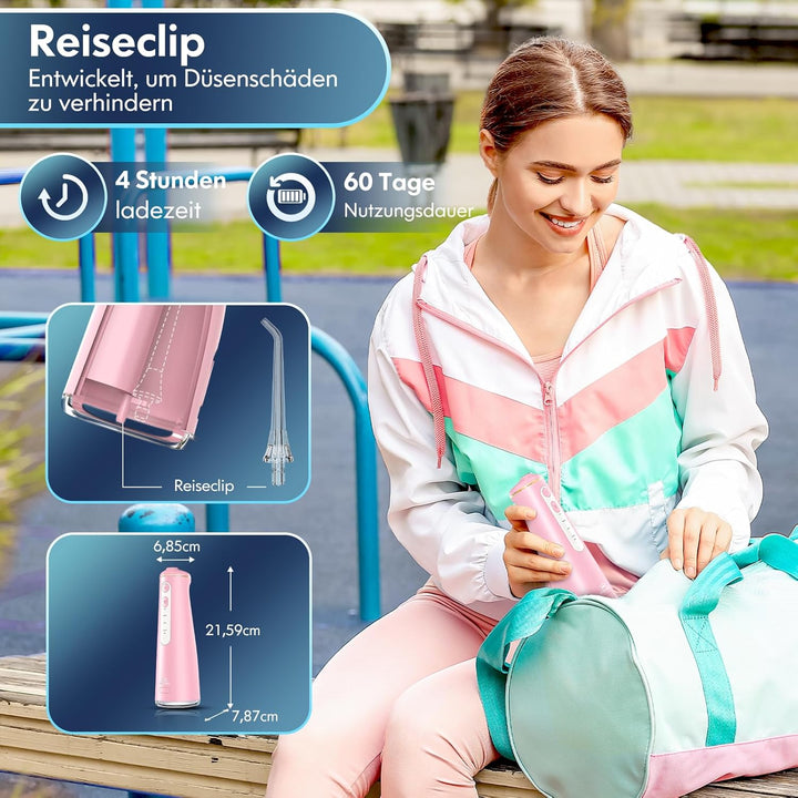 Munddusche Kabellos, Water Flosser for Teeth Mit 4 Modi & 8 Anpassbaren Stufen 7 Düsen 300ML Tank Mu