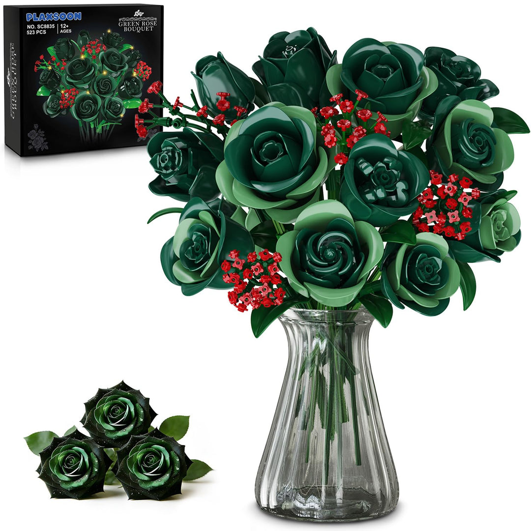 Blumenstrauss Bausatz mit Licht, 16 grüne Rosen botanische Kollektion Bausteine für Erwachsene Mädch