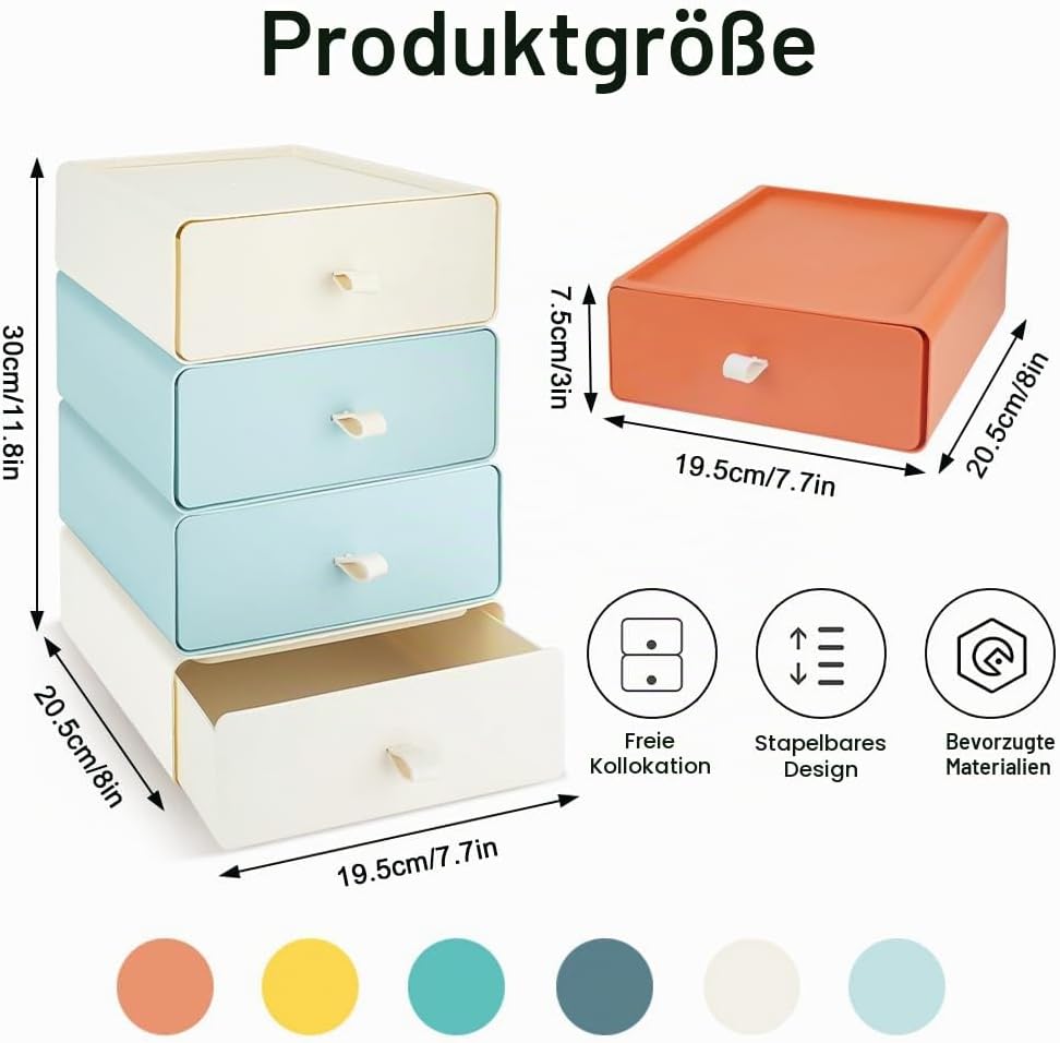 4 PCS Stapelbare Schreibtisch Schubladenbox, Kunststoff Ablagefächer Stapelbar mit 4 Schublade, Schr