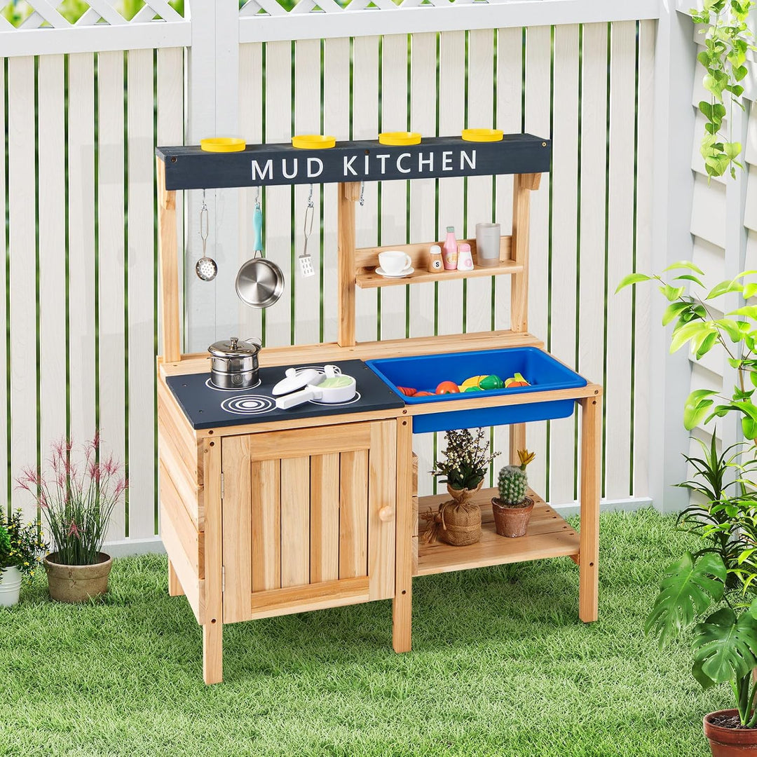 COSTWAY Matschküche Kinder Outdoor, Spielküche mit abnehmbarem Waschbecken & Zubehör, Holz Kinderküc