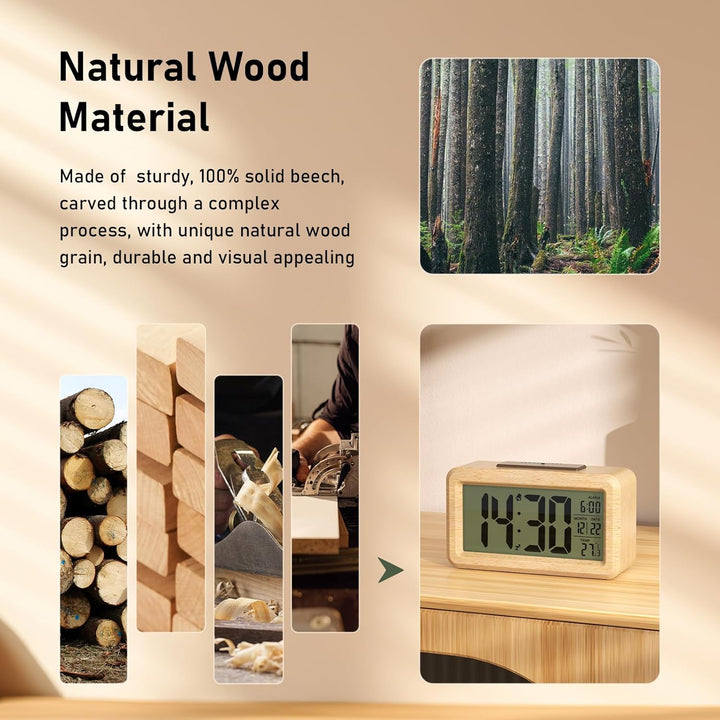 HERMIC Wecker Digital aus Holz mit Grossem LCD-Display, Datum, Temperatur, Automatischem Lichtsensor