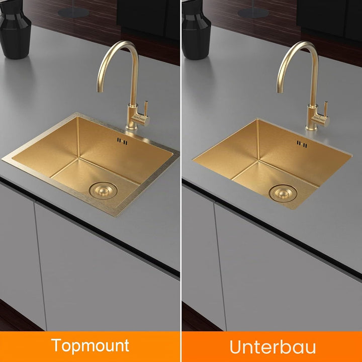 Ibergrif M85043G Küchenspüle 50 x 43 cm, Unterbauspüle mit Ablauffilter, Edelstahl Gold, Gold