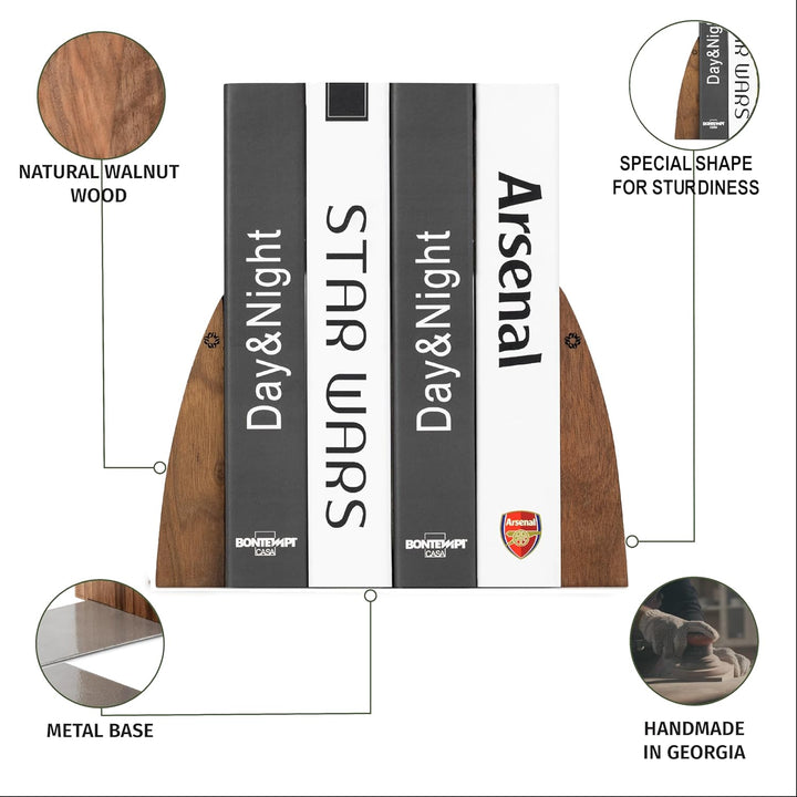 TILISMA Buchstützen für Regale – Handgefertigte Buchstützen aus Holz mit Metallsockel, Walnussbaum –