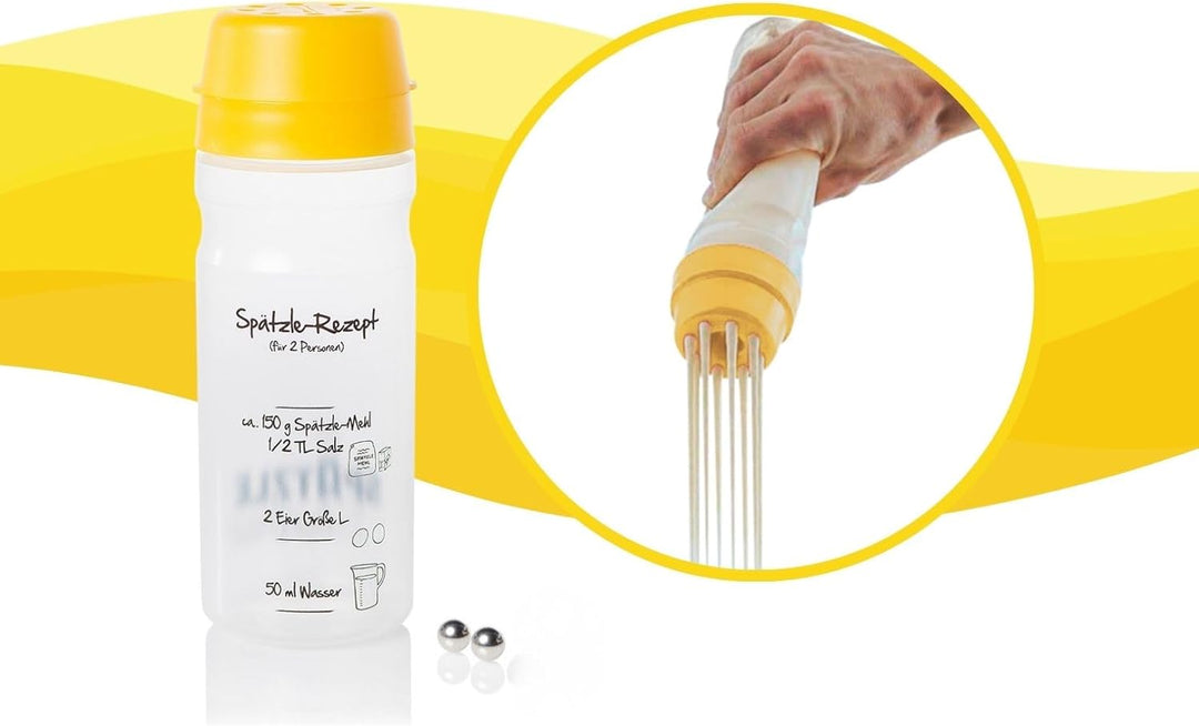 Spätzle-Shaker (GELB) für 2 Portionen selbstgemachte Spätzle (675ml) Spätzlepresse und Mixer in eine