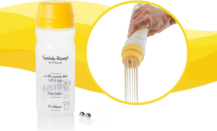 Spätzle-Shaker (GELB) für 2 Portionen selbstgemachte Spätzle (675ml) Spätzlepresse und Mixer in eine