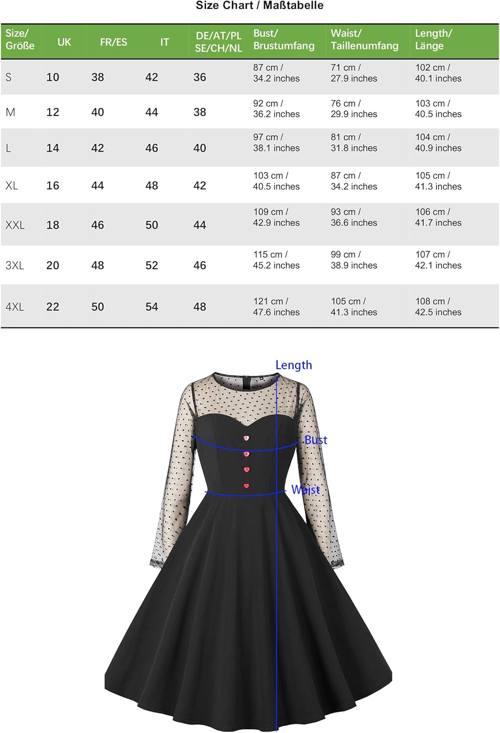 AXOE Dame Retro A-Line Kleid mit Herz-Details Atmungsaktiver mixstoff Knitterfrei und Dehnbar Sommer