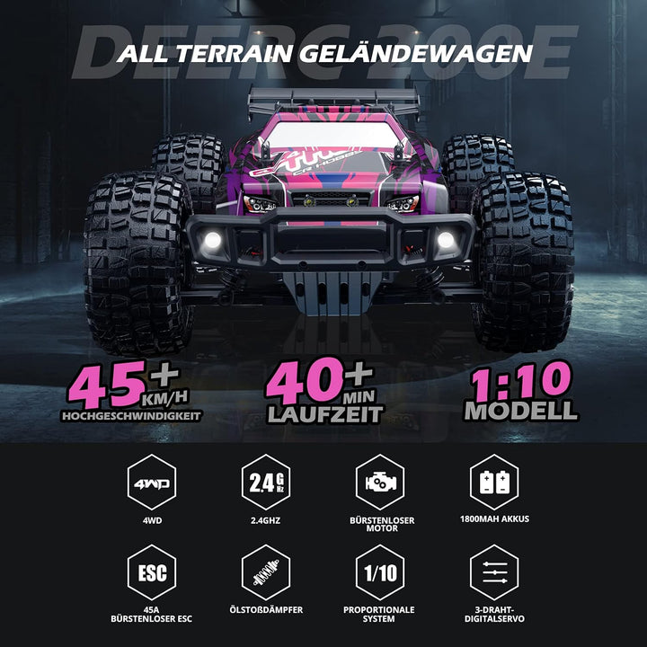 DEERC 200E Ferngesteuertes Auto mit Bürstenloser Motor, 4WD 1:10 RC Car Geländewagen Offroad mit 2 A