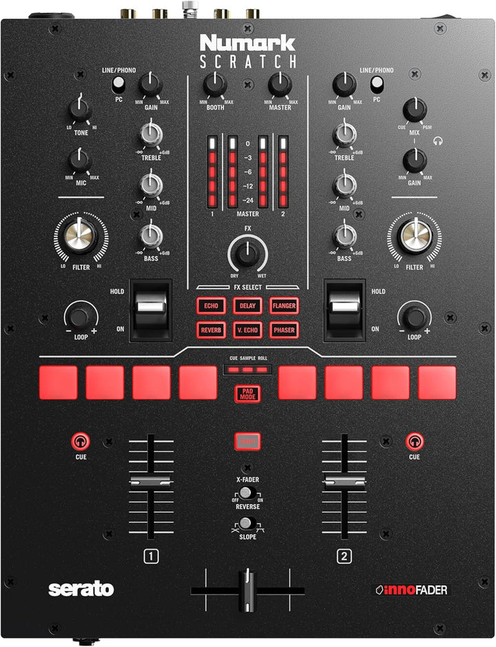 Numark Scratch - Zweikanal DJ Scratch Mixer mit Serato DJ Pro, Innofader Crossfader, DVS-Lizenz, 6 D