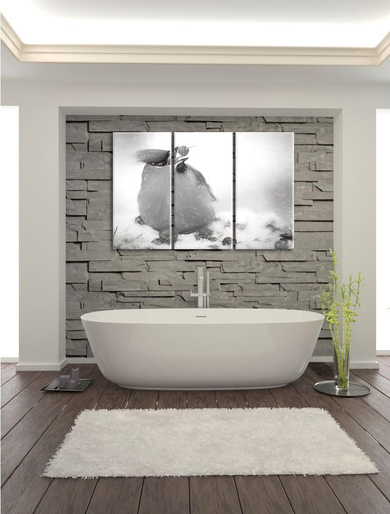 Pixxprint Kleiner Vogel im Schnee Kohle Zeichnung Effekt 3-Teiler Leinwandbild 120x80 Bild auf Leinw