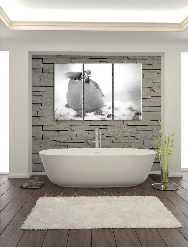 Pixxprint Kleiner Vogel im Schnee Kohle Zeichnung Effekt 3-Teiler Leinwandbild 120x80 Bild auf Leinw