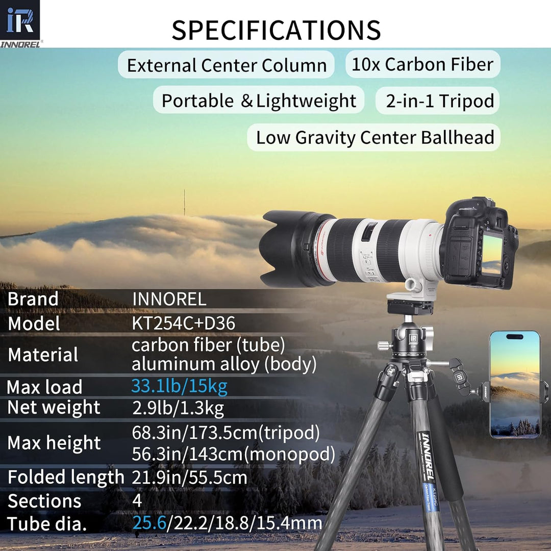 INNOREL KT254C Professionelles Reisestativ für DSLR-Kamera, robuster Ständer mit 29 mm Rohr, niedrig
