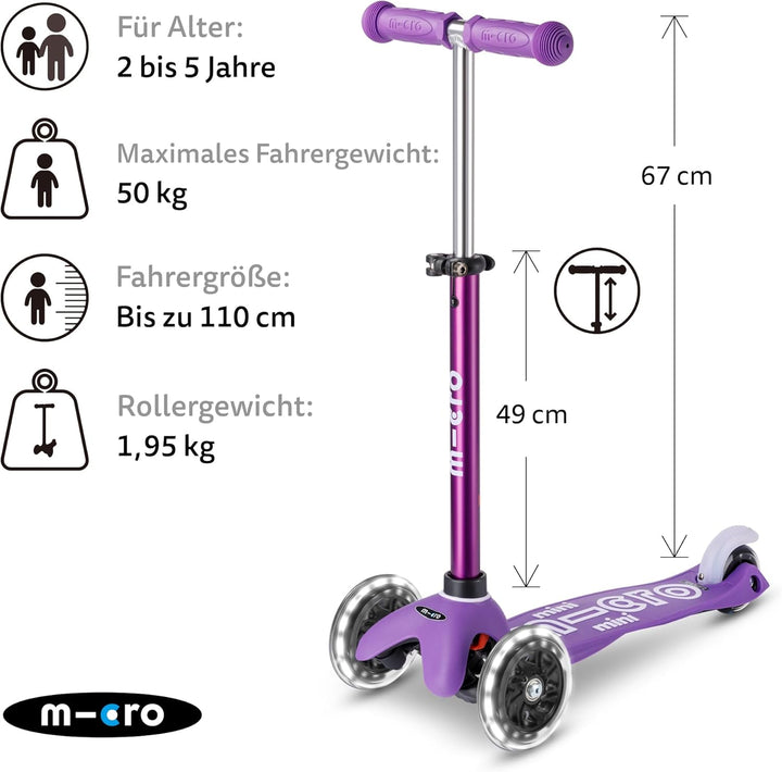 Micro Scooters | Mini Micro Deluxe LED Children's Scooter | Handlebar Adjustable | Light Up Wheels |