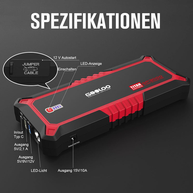 GOOLOO GP3000 Starthilfe Powerbank, für PKW, 3000A Tragbares Starthilfe für bis zu 9,0L-Gas und 7,0L