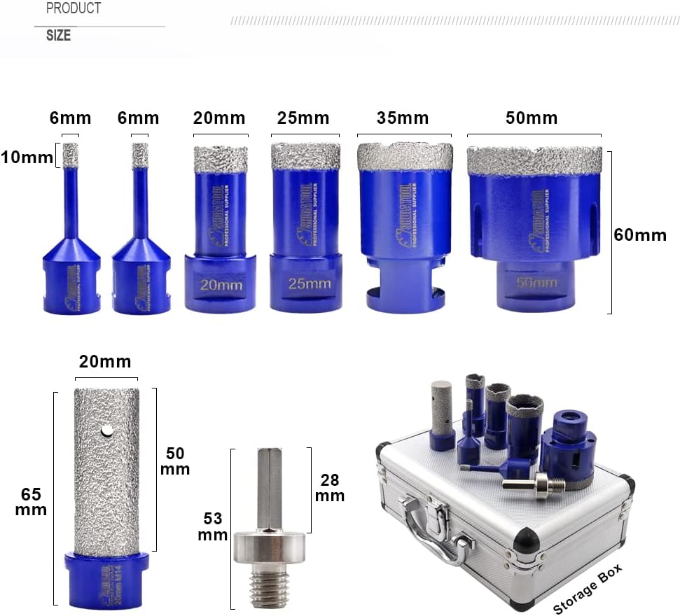 SHDIATOOL Diamant Bohrrone Fliesenbohrer 6/6/20/25/35/50mm und 20mm Finger Bits mit HEX Adapter 8-te