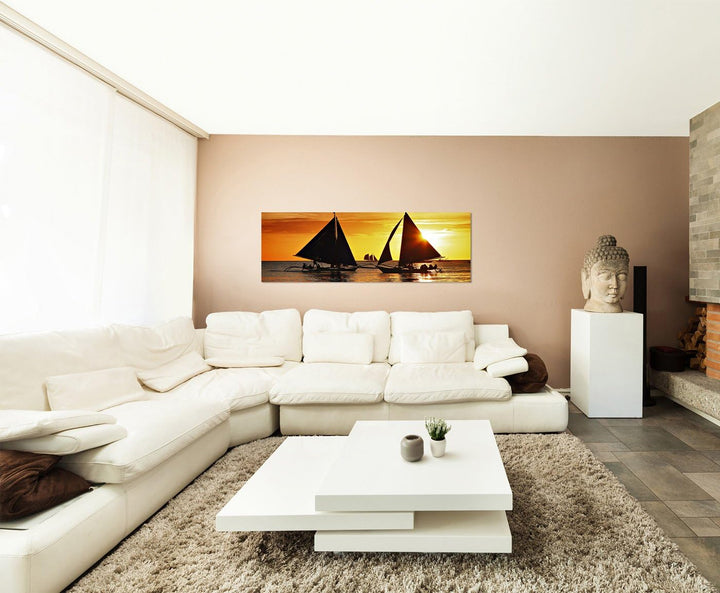 Paul Sinus Art Panoramabild auf Leinwand und Keilrahmen 150x50cm Island Meer Segelboote Sonnenunterg