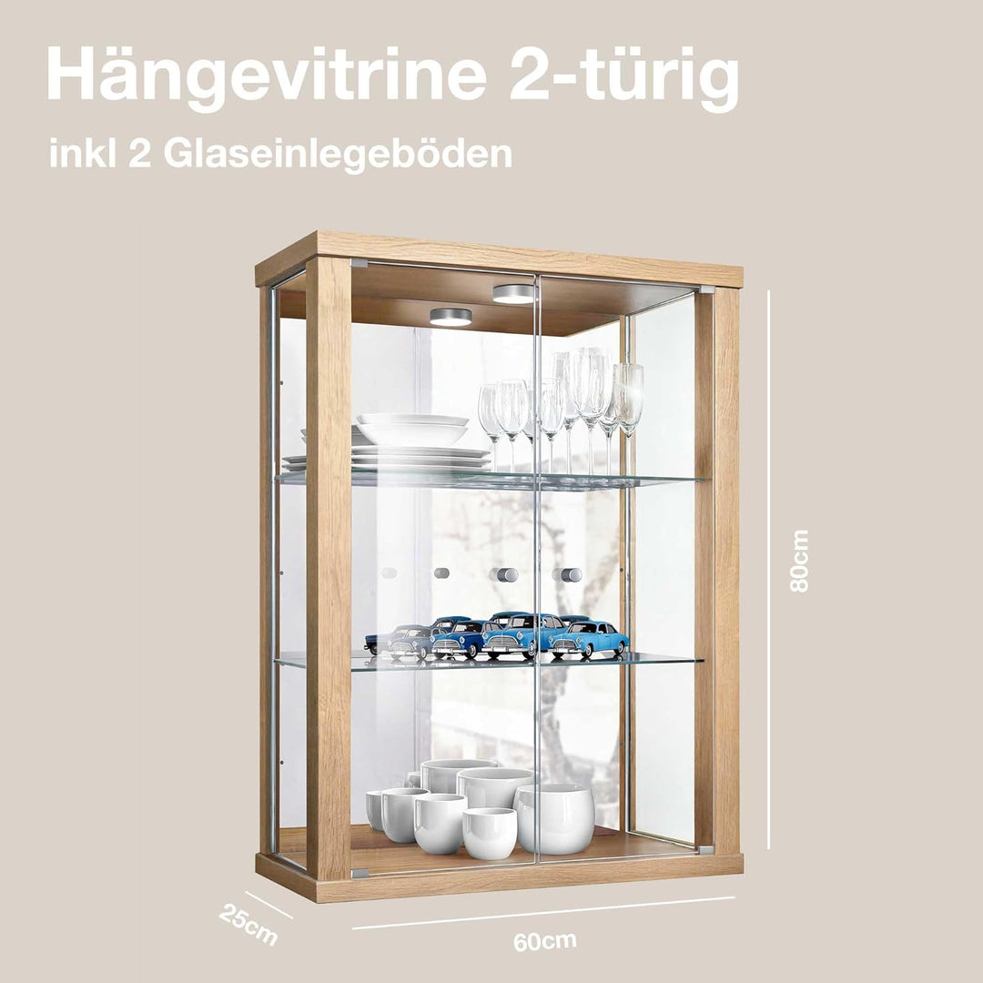 K-Möbel Hängevitrine in Buche (80x60x25 cm) mit 2 höhenverstellbaren Glasböden, Spiegel & LED - Mode