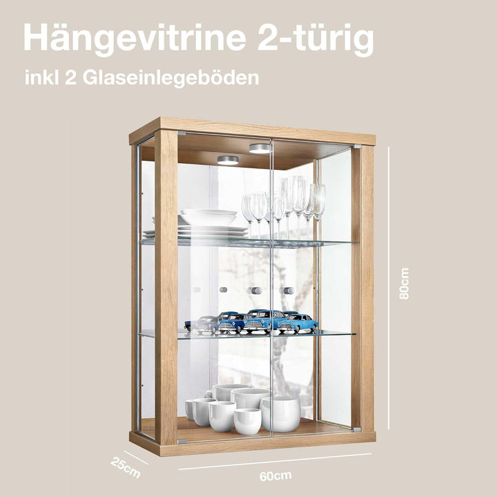 K-Möbel Hängevitrine in Buche (80x60x25 cm) mit 2 höhenverstellbaren Glasböden, Spiegel & LED - Mode